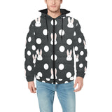 Cute white rabbit polka dots black background Men's Padded Hooded Jacket