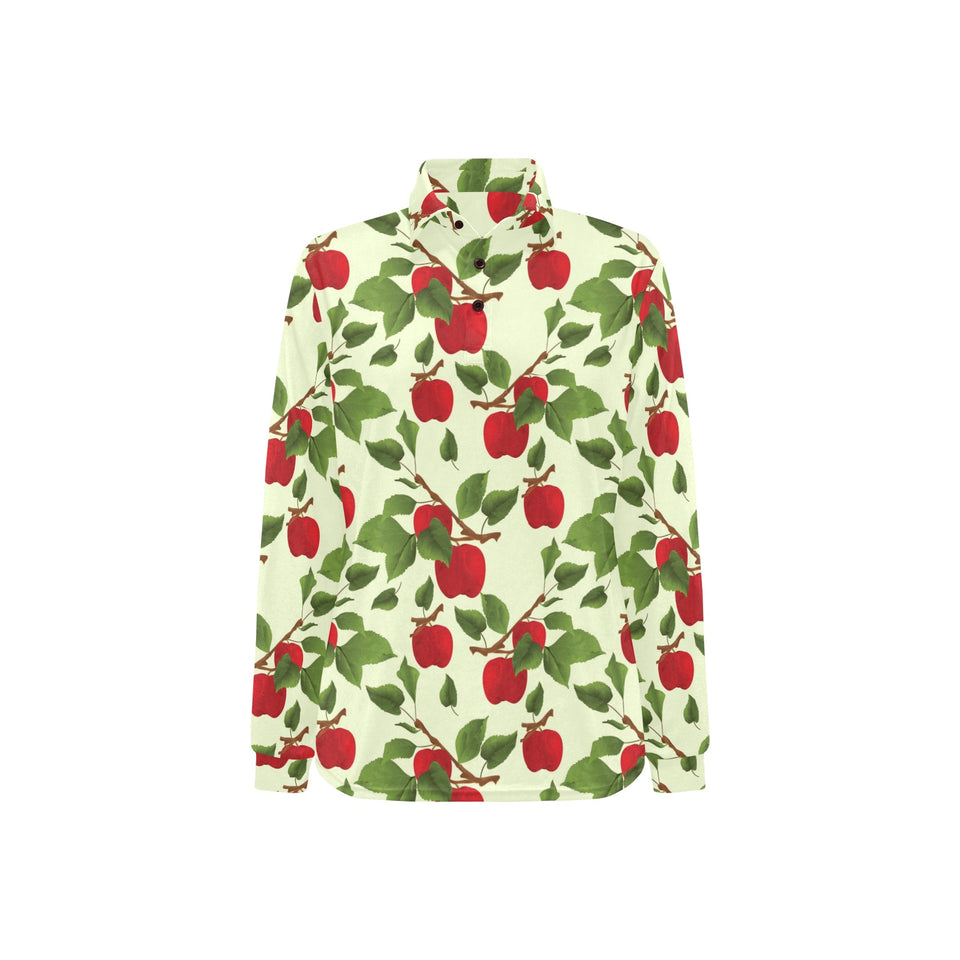 Red apples leaves pattern Women's Long Sleeve Polo Shirt