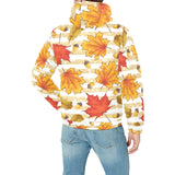Maple leaf oak leaf acorns beige striped backgroun Men's Padded Hooded Jacket