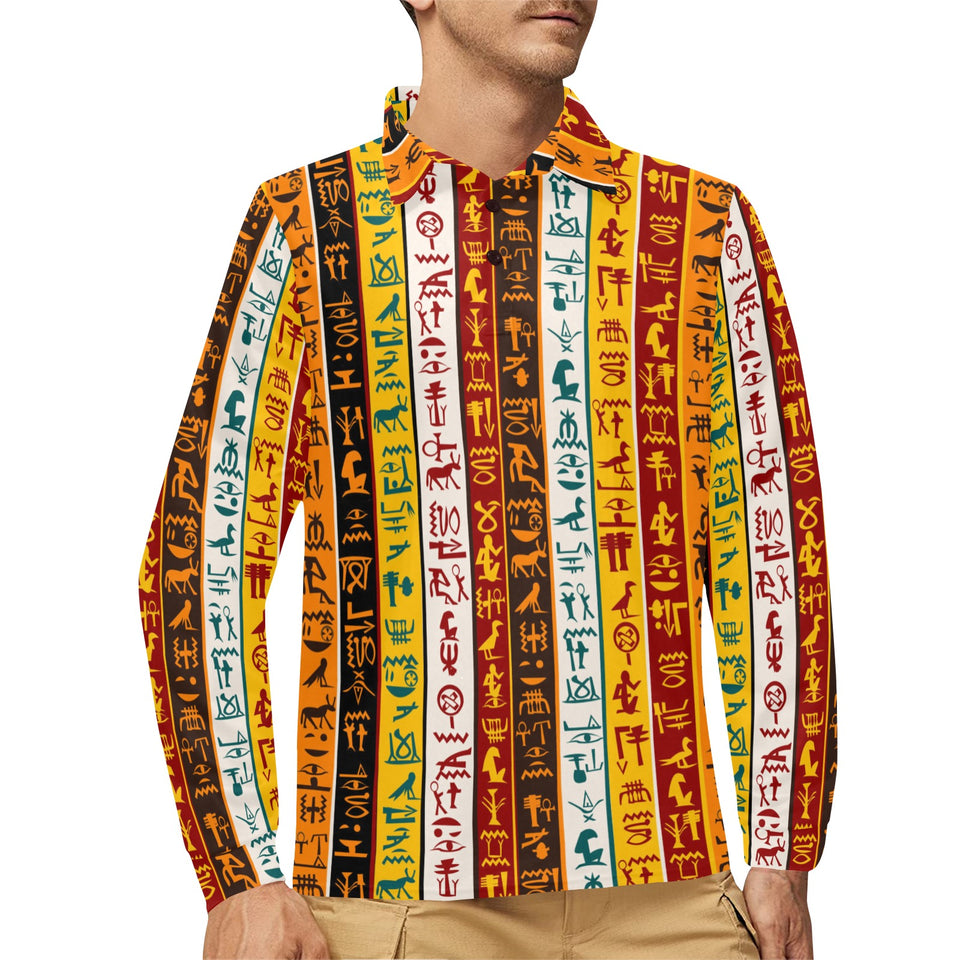 Egypt Hieroglyphics Pattern Print Design 01 Men's Long Sleeve Polo Shirt