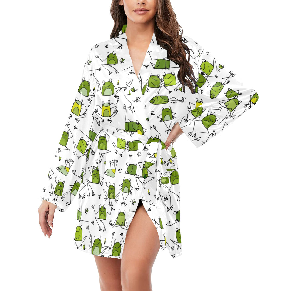 Sketch funny frog pattern Women's Long Sleeve Belted Night Robe