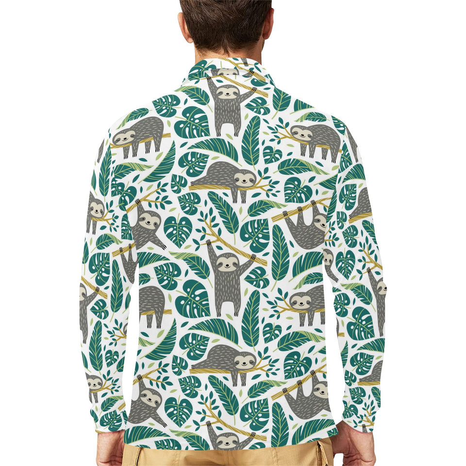 Cute sloths tropical palm leaves white background Men's Long Sleeve Polo Shirt