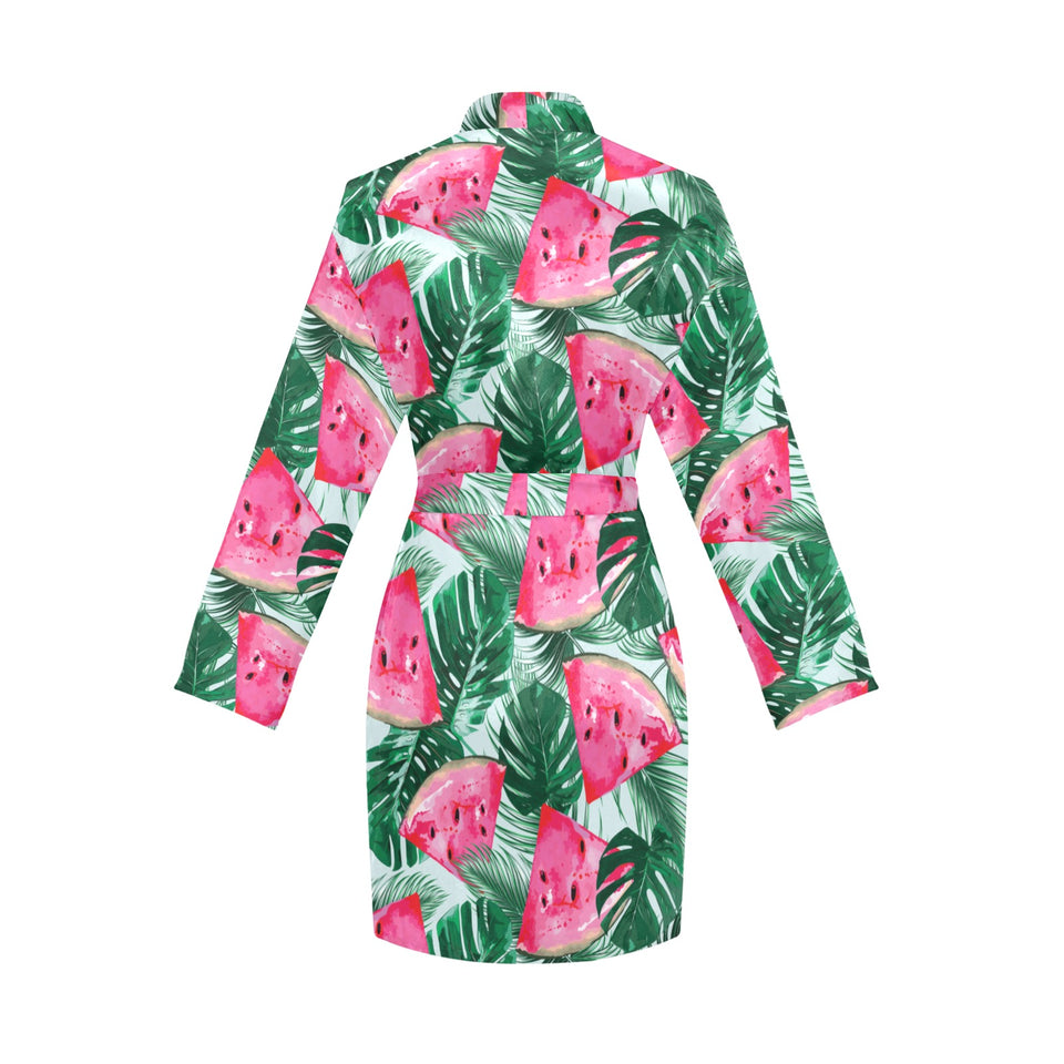 Watermelons tropical palm leaves pattern Women's Long Sleeve Belted Night Robe