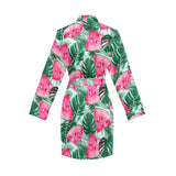 Watermelons tropical palm leaves pattern Women's Long Sleeve Belted Night Robe