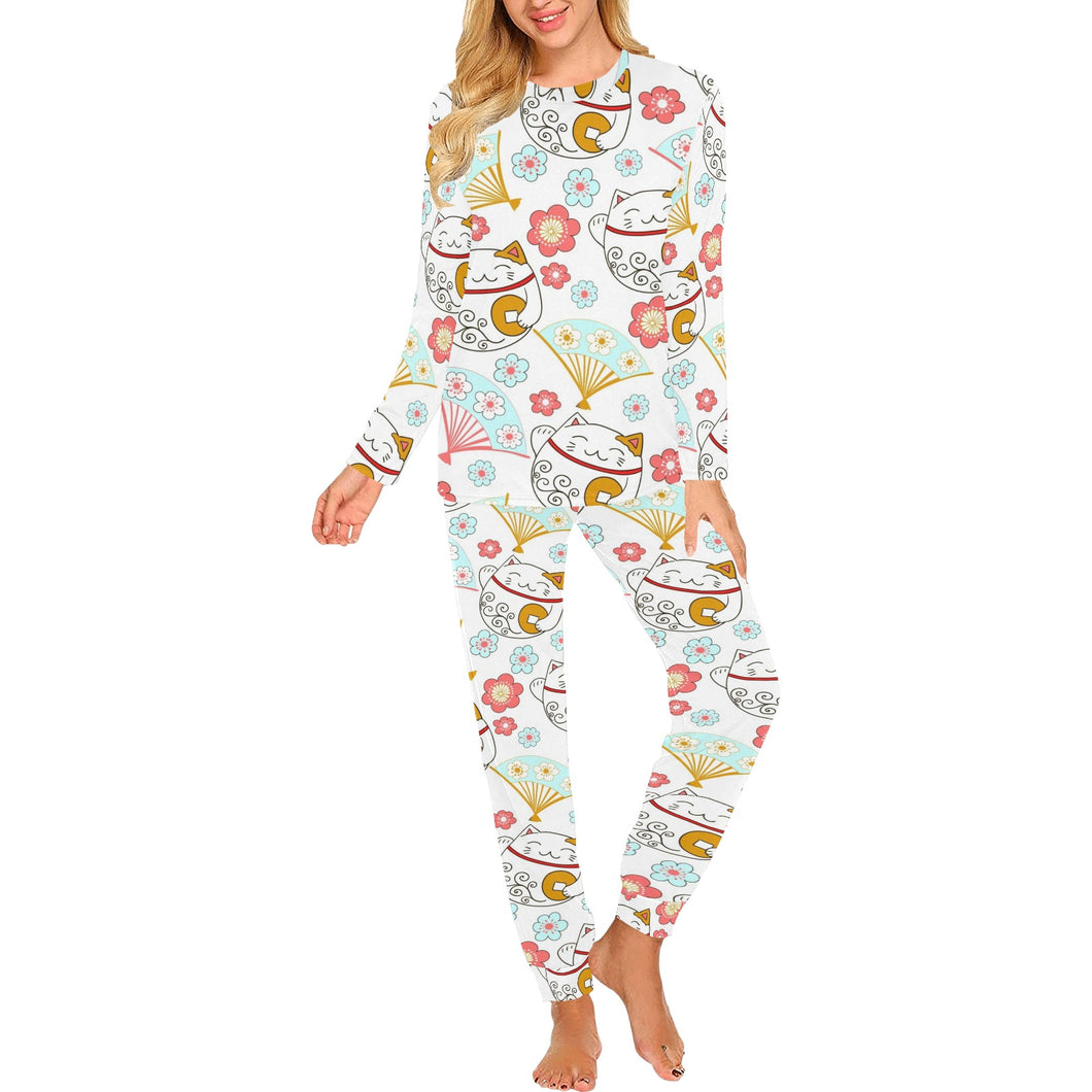 Maneki neko cat fan sakura Women's All Over Print Pajama Set