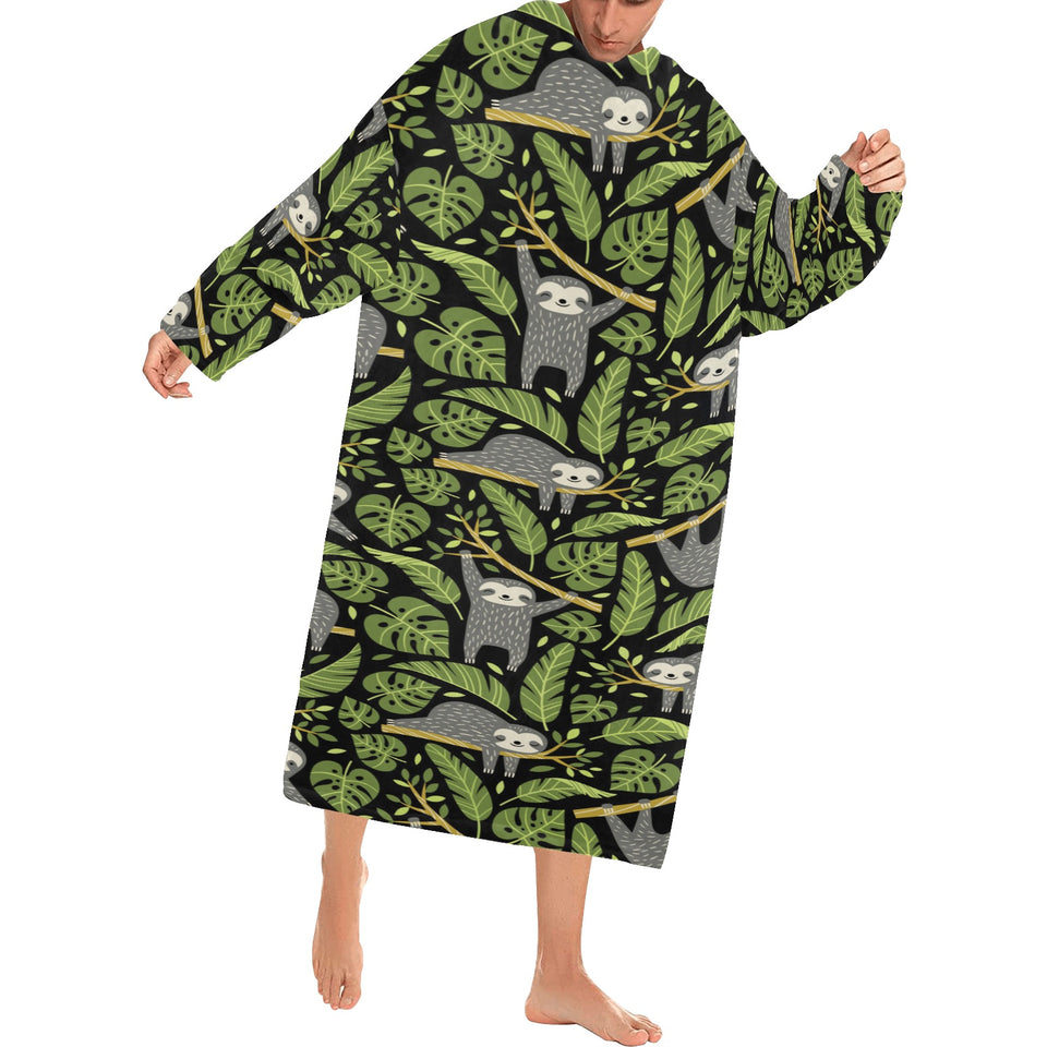 Cute sloths tropical palm leaves black background Blanket Robe with Sleeves