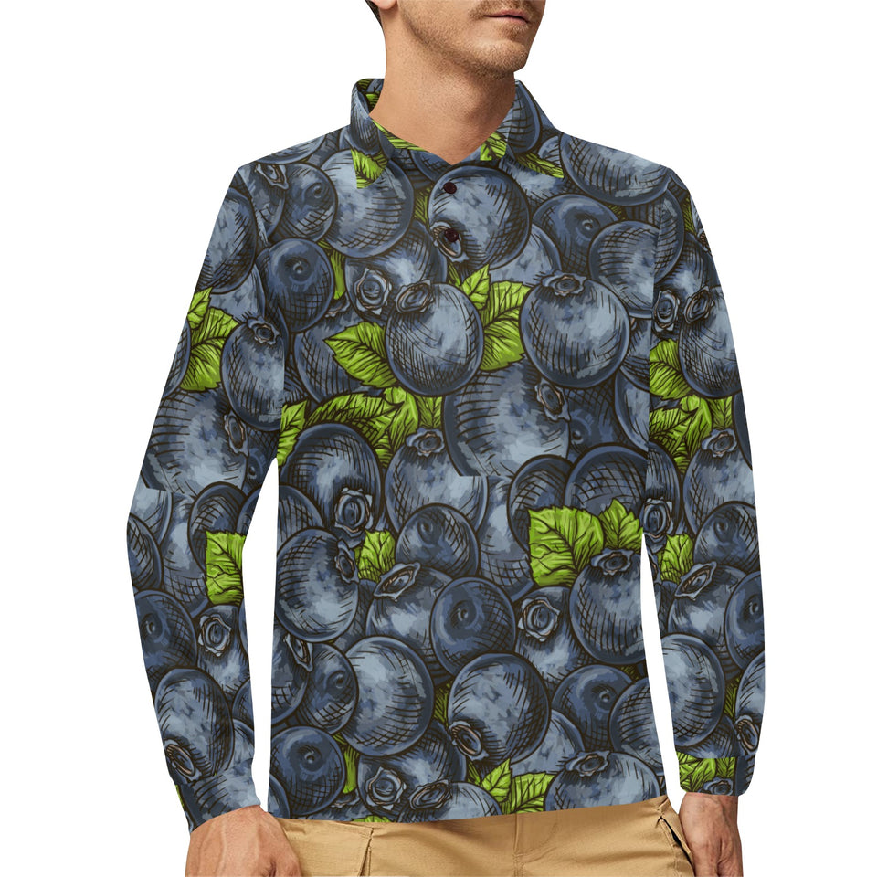 blueberry pattern Men's Long Sleeve Polo Shirt