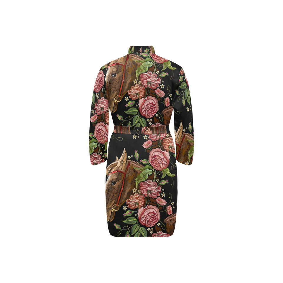Horse head wild roses pattern Men's Long Sleeve Belted Night Robe