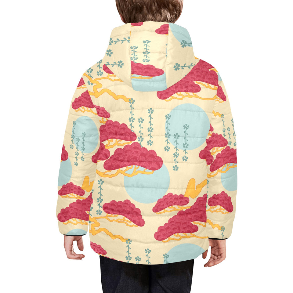 Red Bonsai gray sun japanese pattern Kids' Boys' Girls' Padded Hooded Jacket