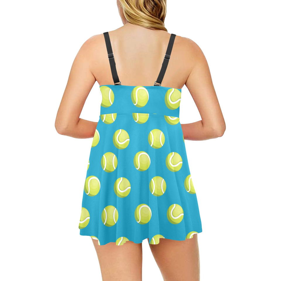 Tennis Pattern Print Design 05 Chest Sexy Pleated Two Piece Swim Dress
