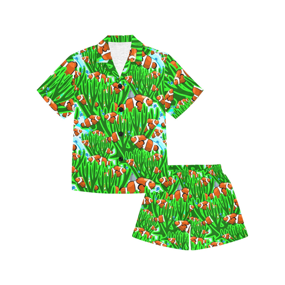 Clown Fish Pattern Print Design 01 Kids' Boys' Girls' V-Neck Short Pajama Set