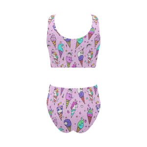Cute ice cream cone animal pattern Chest Bowknot High Waisted Bikini Swimsuit