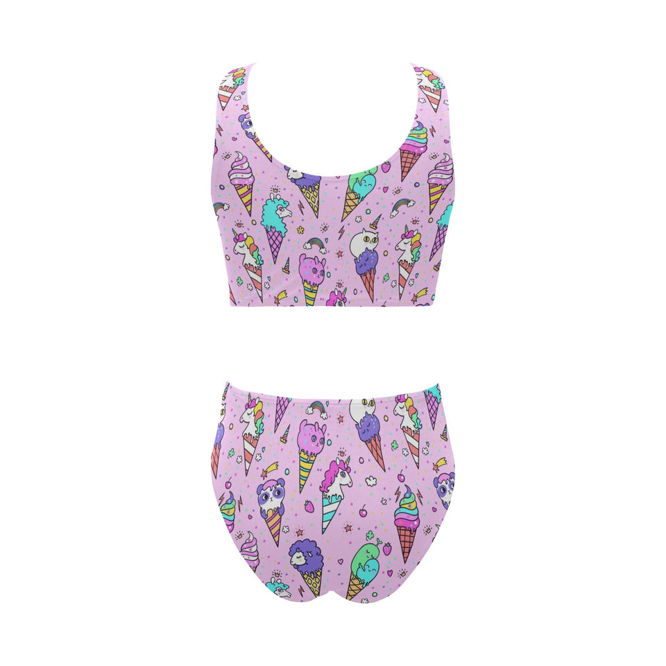 Cute ice cream cone animal pattern Chest Bowknot High Waisted Bikini Swimsuit