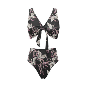 Japanese crane pink sakura pattern Chest Bowknot High Waisted Bikini Swimsuit
