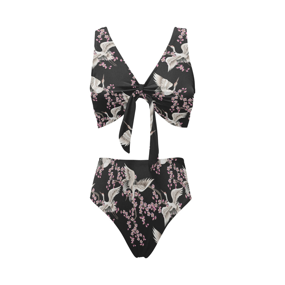 Japanese crane pink sakura pattern Chest Bowknot High Waisted Bikini Swimsuit