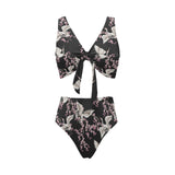 Japanese crane pink sakura pattern Chest Bowknot High Waisted Bikini Swimsuit