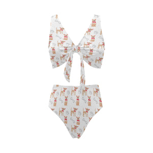 Chihuahua bone paw pattern Chest Bowknot High Waisted Bikini Swimsuit