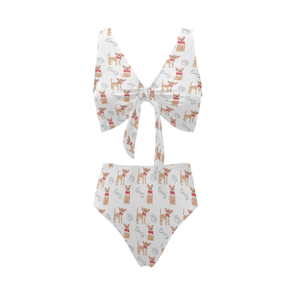 Chihuahua bone paw pattern Chest Bowknot High Waisted Bikini Swimsuit