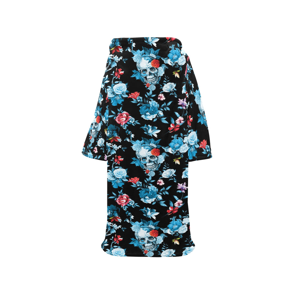 Skull flower roses leave pattern Blanket Robe with Sleeves