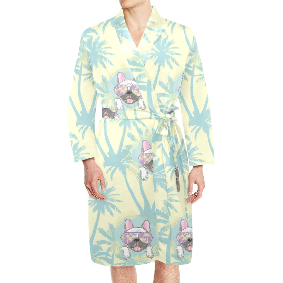 French bulldog hawaii blackground Men's Long Sleeve Belted Night Robe