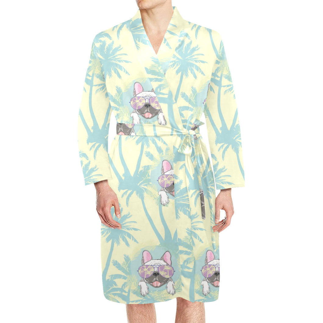 French bulldog hawaii blackground Men's Long Sleeve Belted Night Robe