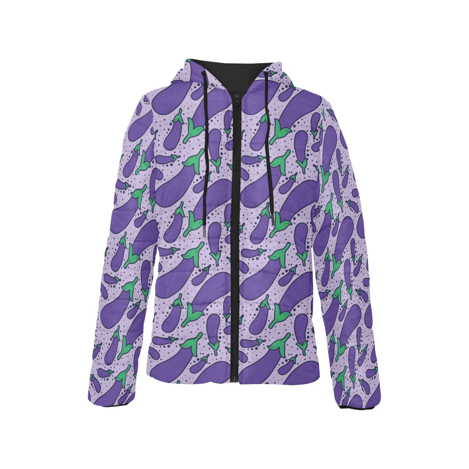 Eggplant Pattern Print Design 03 Women's Padded Hooded Jacket