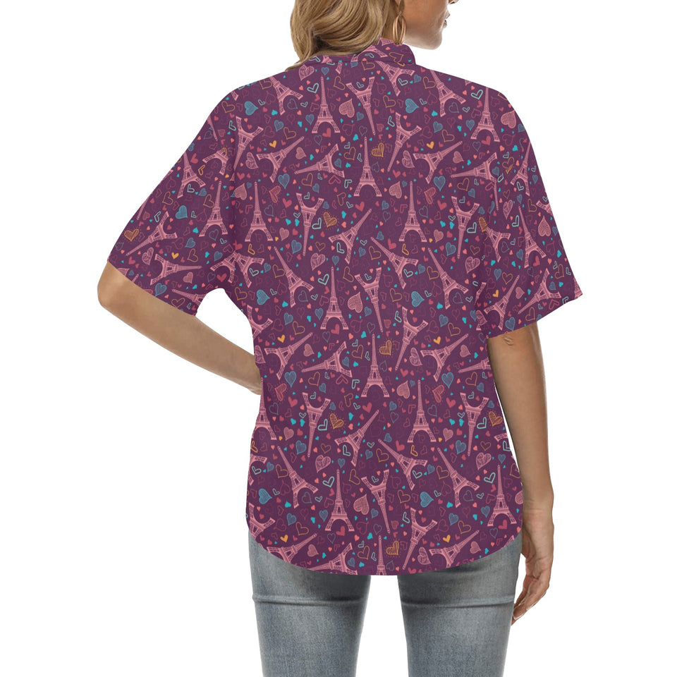 Eiffel Tower Heart Pattern Print Design 04 Women's All Over Print Hawaiian Shirt