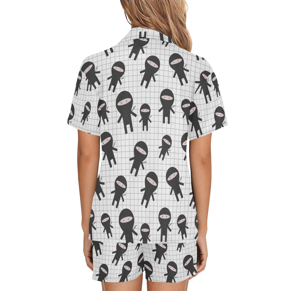 Ninja pattern plaid background Women's V-Neck Short Pajama Set