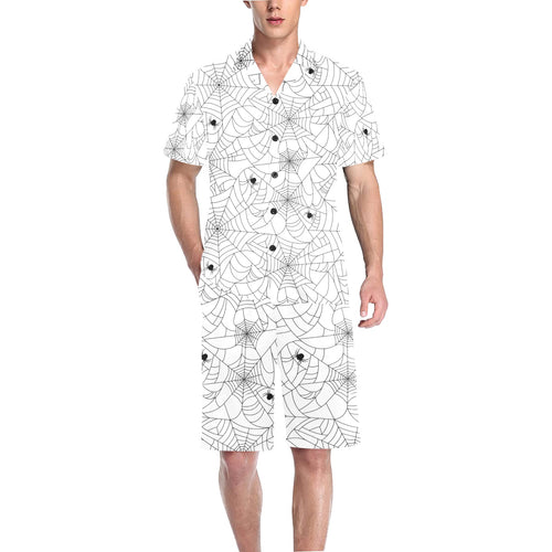 Spider web cobweb pattern white background Men's V-Neck Short Pajama Set