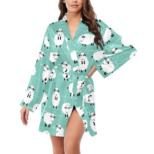 Cute sheep green background Women's Long Sleeve Belted Night Robe