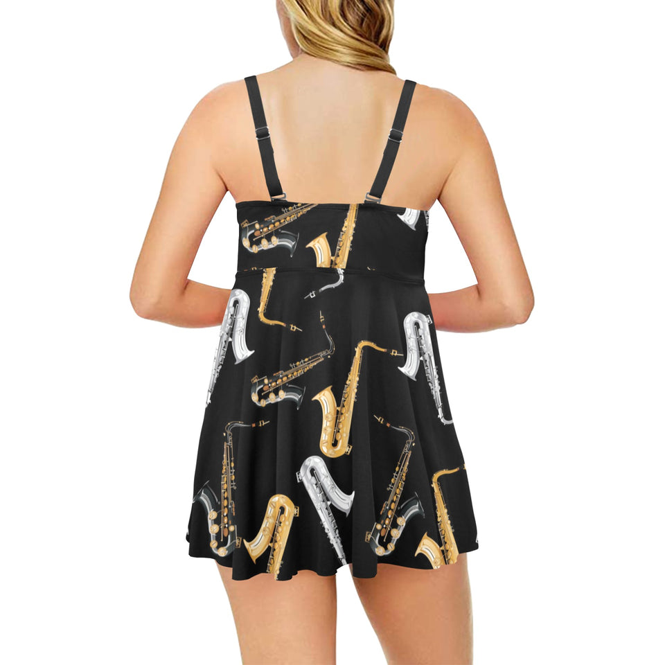 saxophone design pattern Chest Sexy Pleated Two Piece Swim Dress