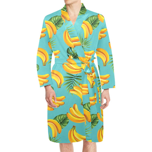 banana leaves banana design pattern Men's Long Sleeve Belted Night Robe