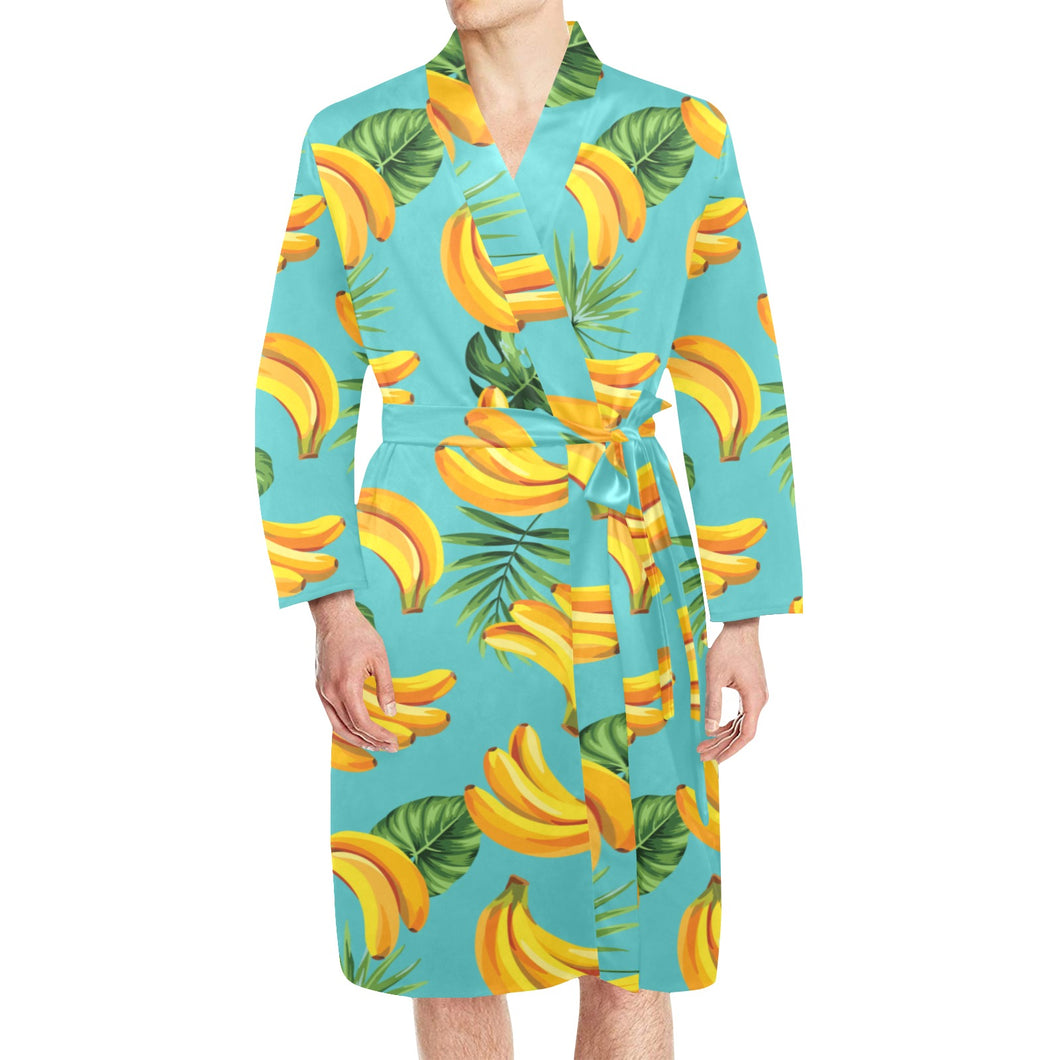banana leaves banana design pattern Men's Long Sleeve Belted Night Robe