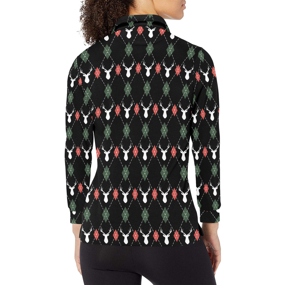 Deer Christmas new year pattern argyle Women's Long Sleeve Polo Shirt