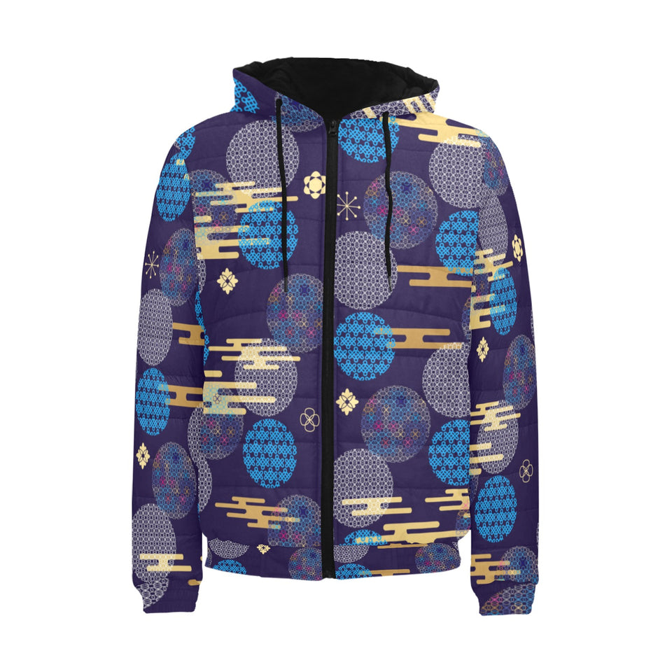 Blue japanese pattern cloud wave flower Men's Padded Hooded Jacket