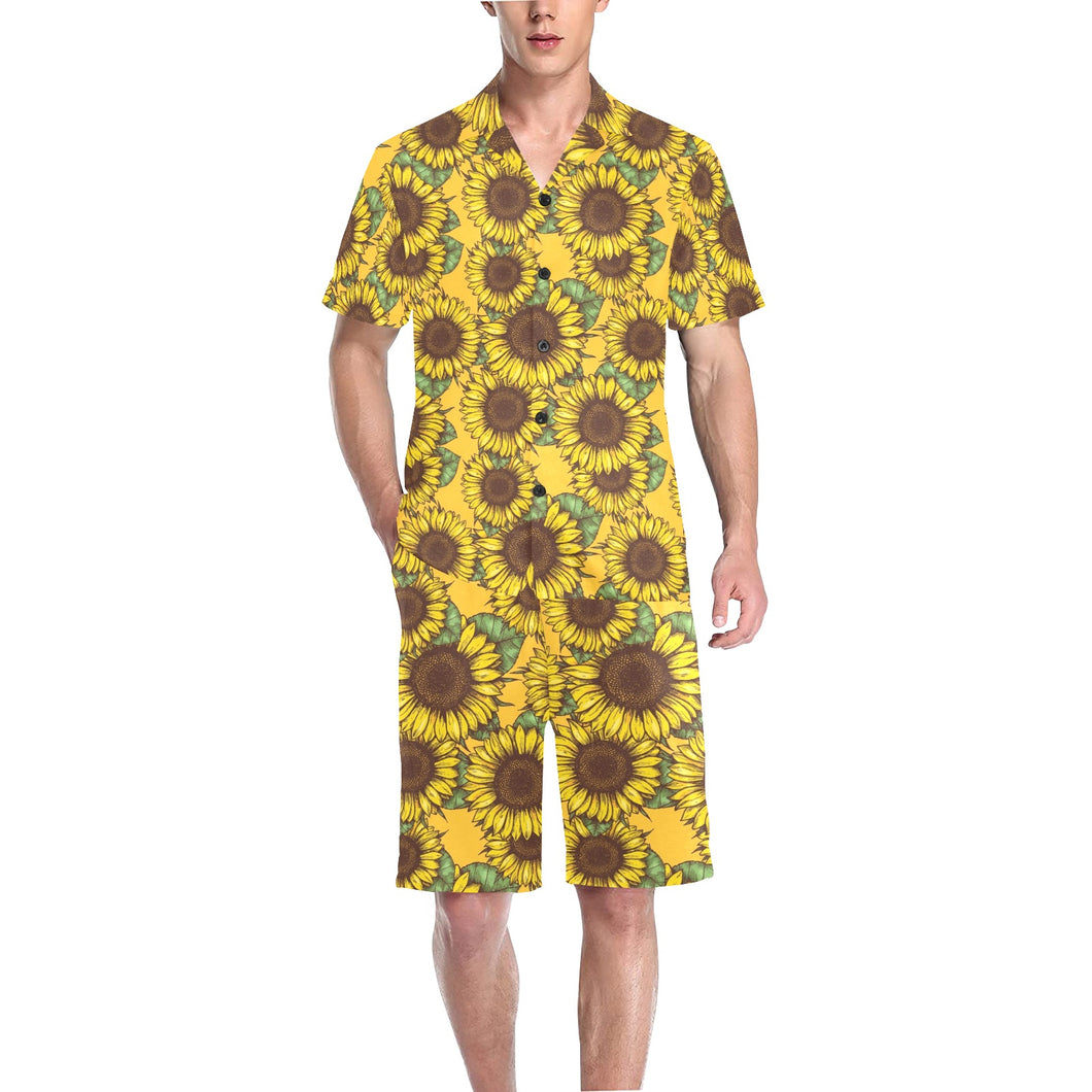 Sunflower pattern Men's V-Neck Short Pajama Set