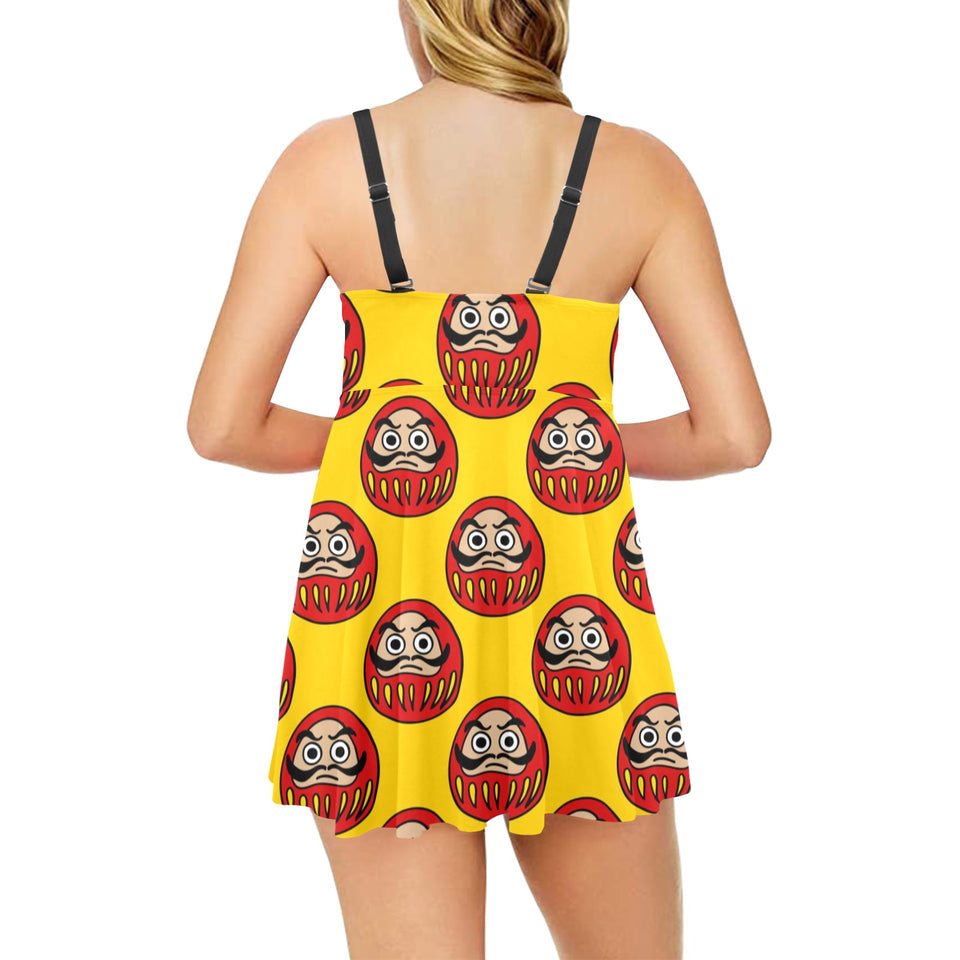 Daruma japanese wooden doll yellow background Chest Sexy Pleated Two Piece Swim Dress