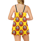 Daruma japanese wooden doll yellow background Chest Sexy Pleated Two Piece Swim Dress