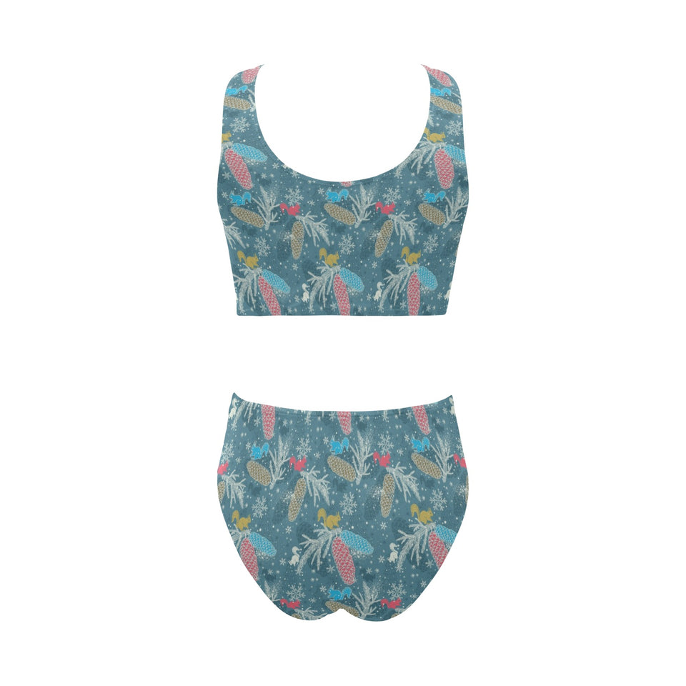 Squirrel Pattern Print Design 01 Chest Bowknot High Waisted Bikini Swimsuit