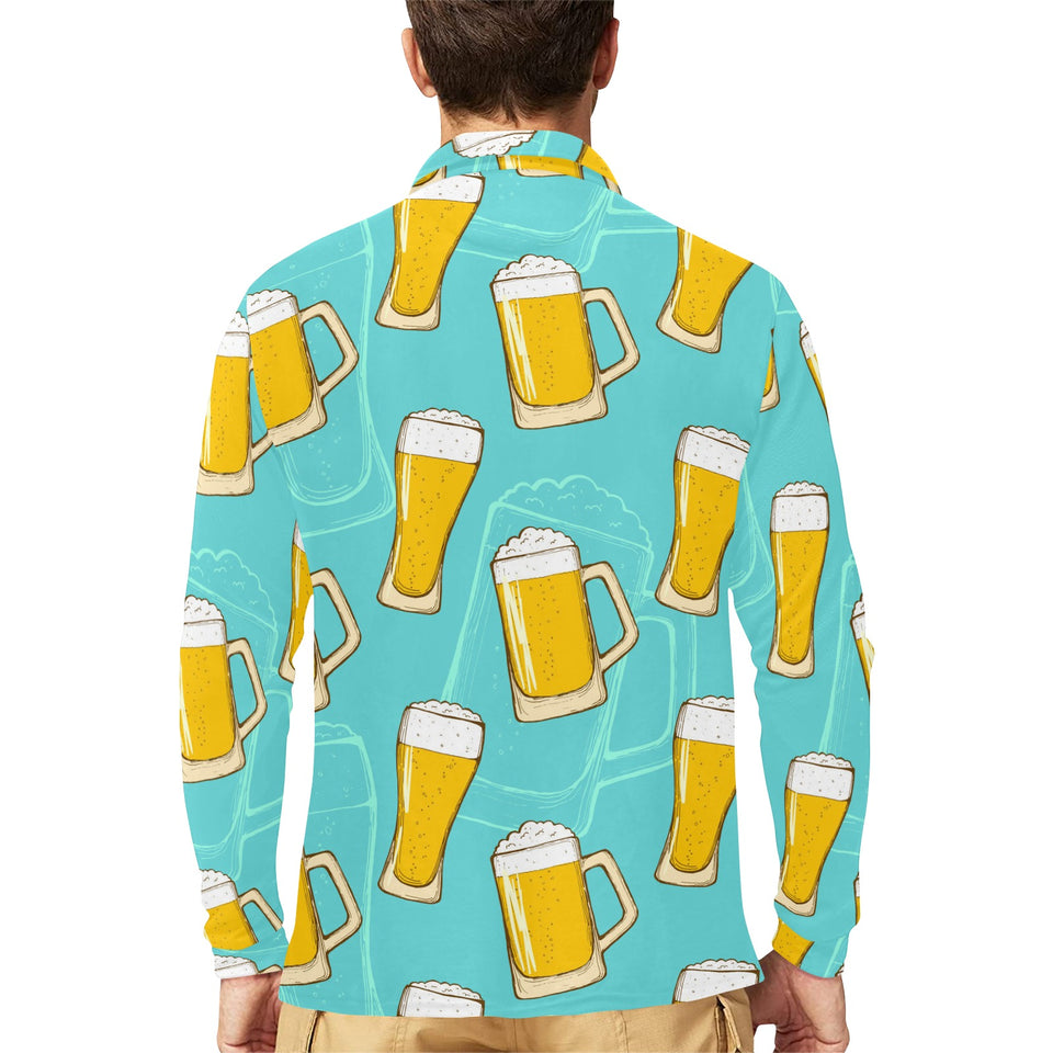 Beer pattern green background Men's Long Sleeve Polo Shirt