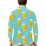 Beer pattern green background Men's Long Sleeve Polo Shirt