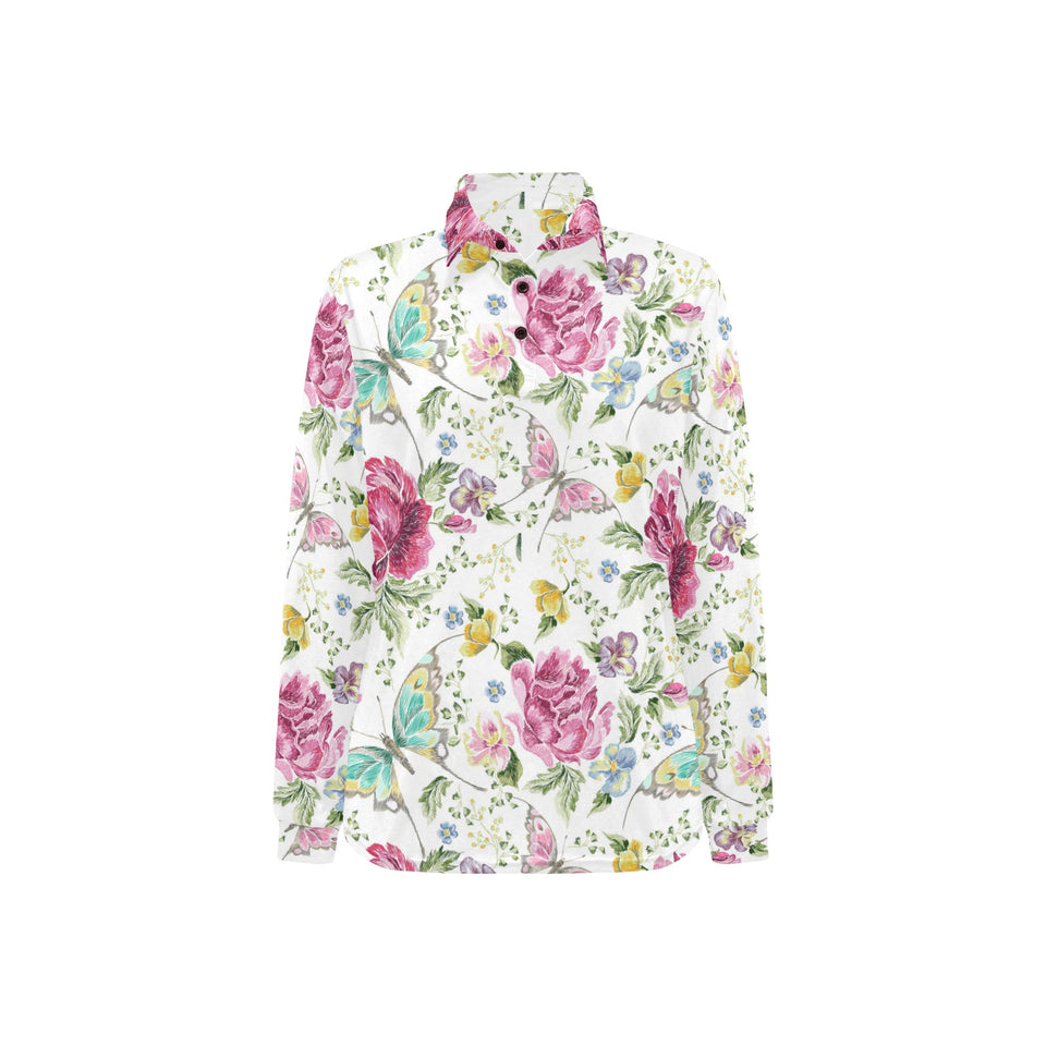 Hand drawn butterfly rose Women's Long Sleeve Polo Shirt