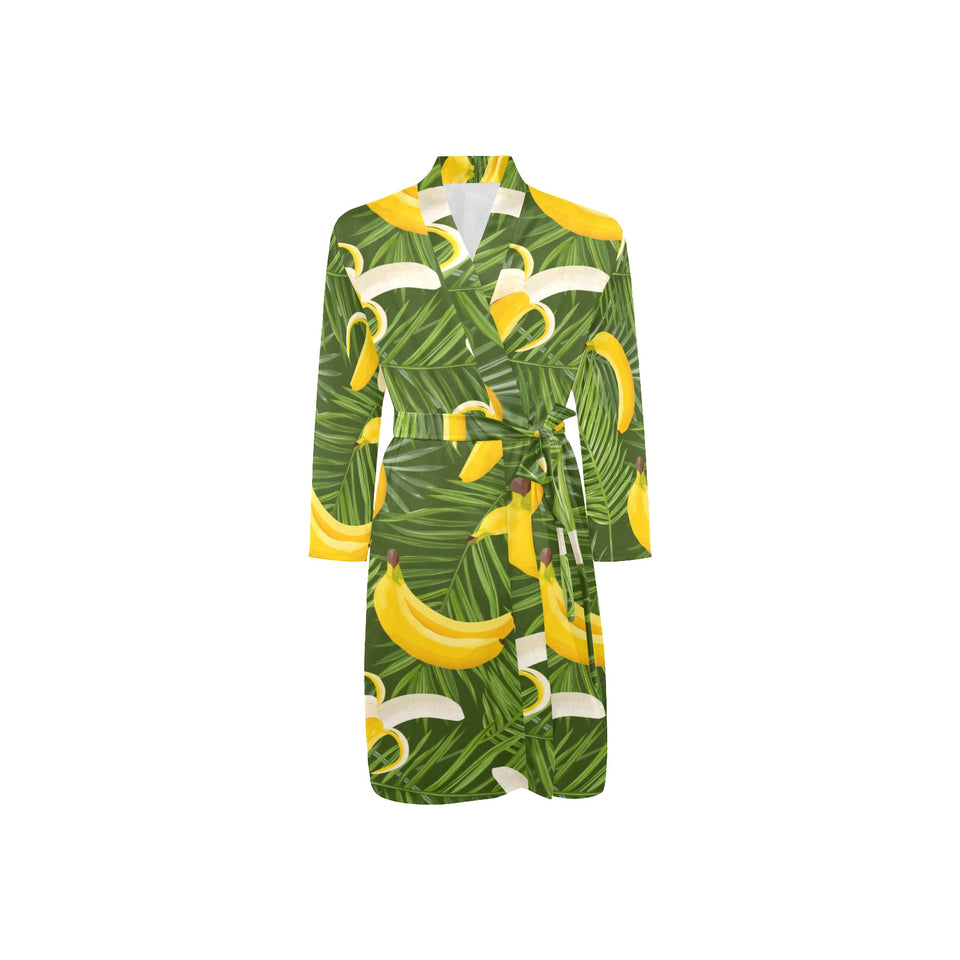 Banana Palm Leaves pattern Men's Long Sleeve Belted Night Robe