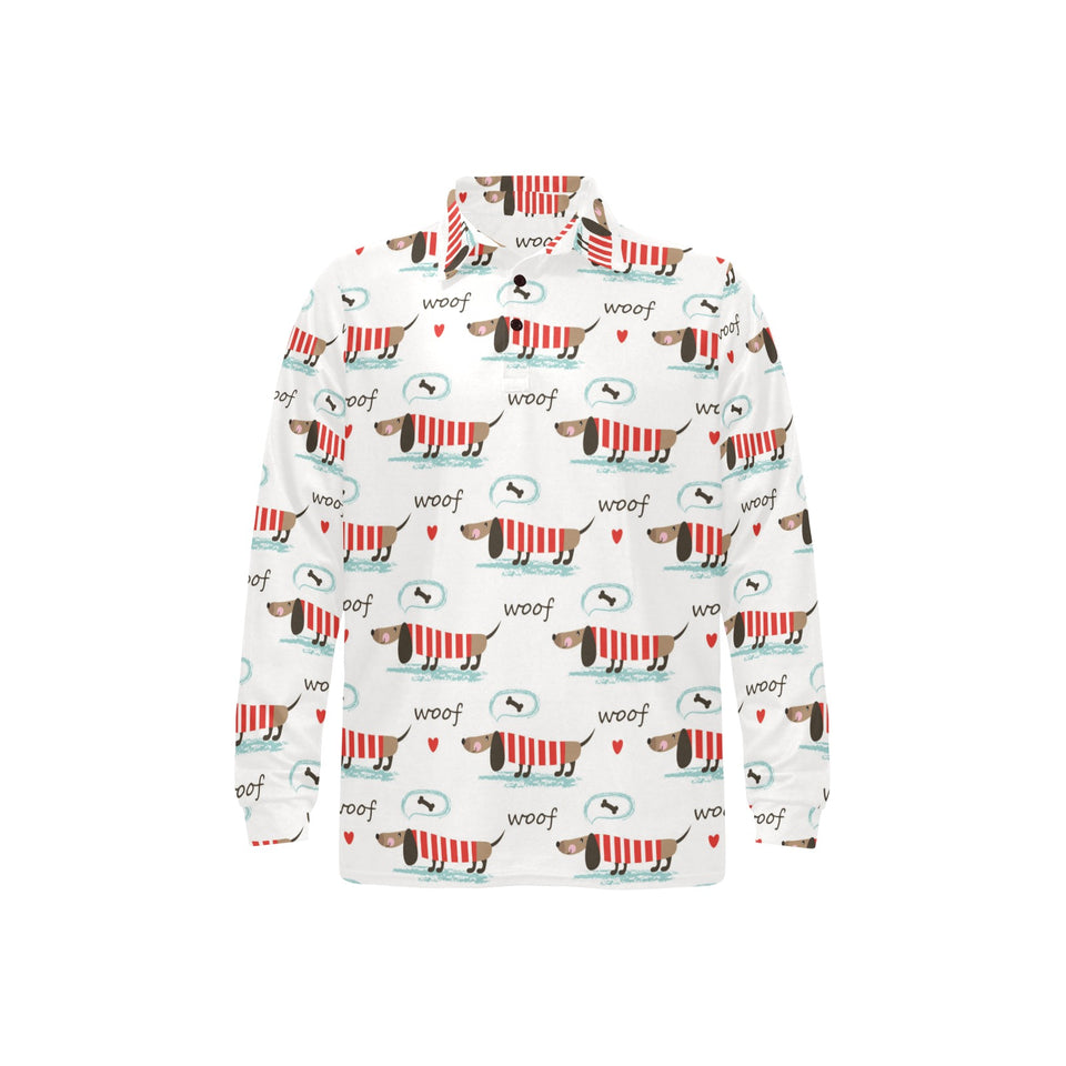 Cute dachshund bone pattern Men's Long Sleeve Polo Shirt