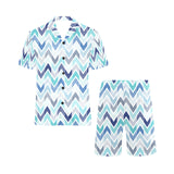 zigzag chevron blue pattern Men's V-Neck Short Pajama Set