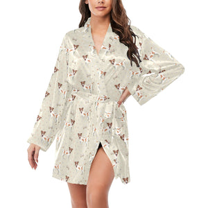 Jack Russel Pattern Print Design 02 Women's Long Sleeve Belted Night Robe