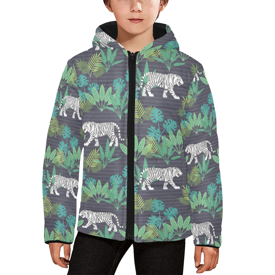 white bengal tigers tropical plant Kids' Boys' Girls' Padded Hooded Jacket