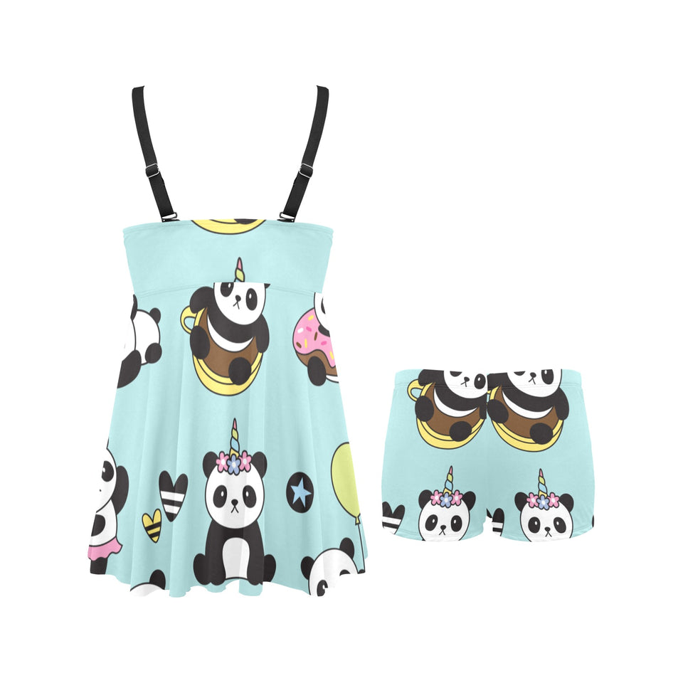 Cute baby panda pattern Chest Sexy Pleated Two Piece Swim Dress