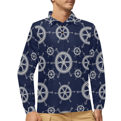 nautical steering wheel design pattern Men's Long Sleeve Polo Shirt