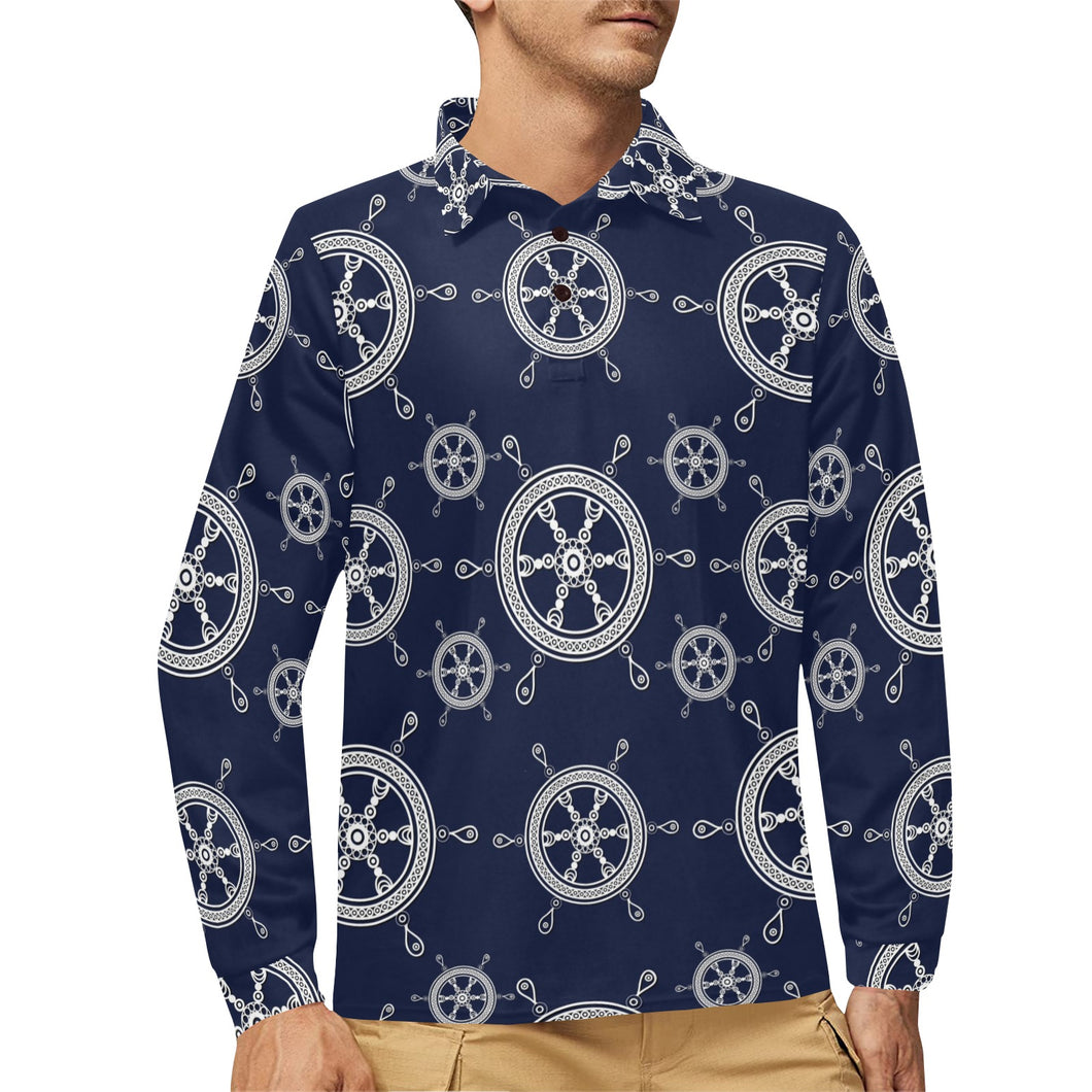 nautical steering wheel design pattern Men's Long Sleeve Polo Shirt